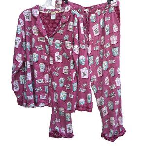 Munki Munki Flannel Pajama Set Womens XL Pink Popcorn Long Sleeve 2 Piece Cozy